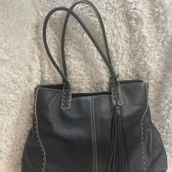 Franklin Covey Black Genuine Leather beige stitch shoulder bag tassel accent - Picture 6 of 13